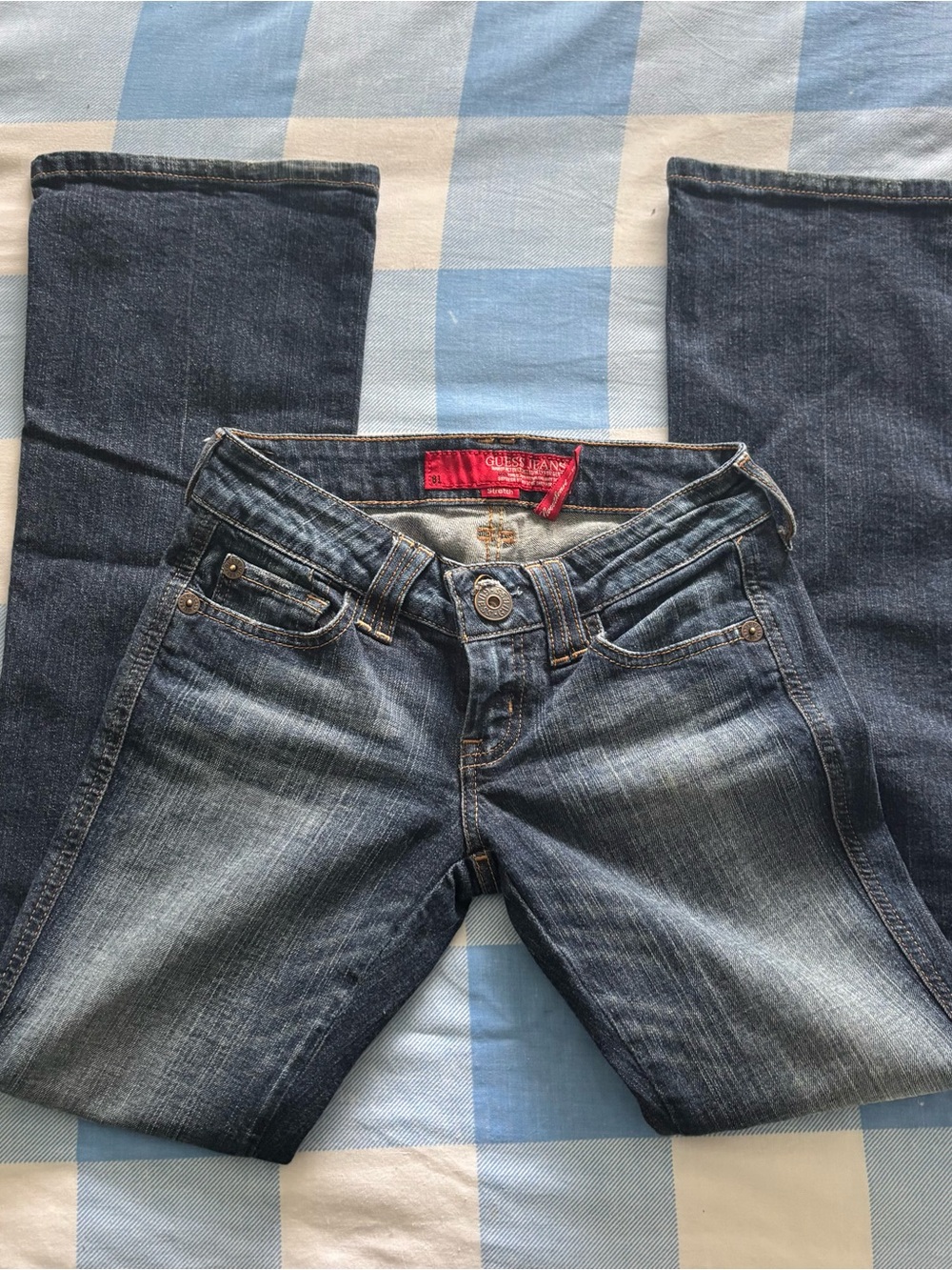 Guess Women's Medium-Dark Blue Bootcut Jeans with Faded Detailing
